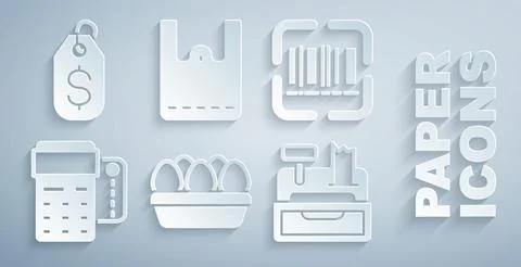 Set Chicken egg in box, Scanner scanning bar code, POS terminal with credit card Stock Illustration