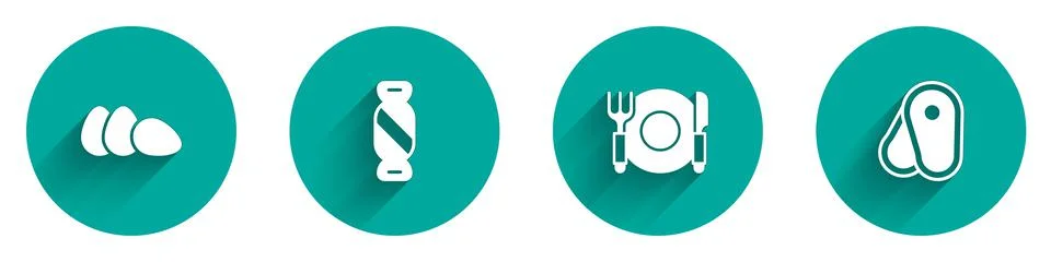 Set Chicken egg, Candy, Plate, fork knife and Steak meat icon with long shadow Stock Illustration
