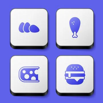 Set Chicken egg, leg, Cheese and Burger icon. White square button. Vector Stock Illustration