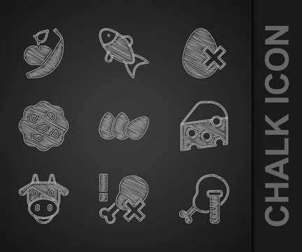 Set Chicken egg, No chicken leg, Genetically modified, Cheese, Cow head, Cookie Stock Illustration