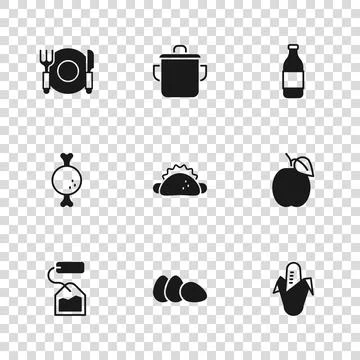 Set Chicken egg, Plum fruit, Corn, Taco with tortilla, Bottle of wine, Plat.. Ilustración de archivo