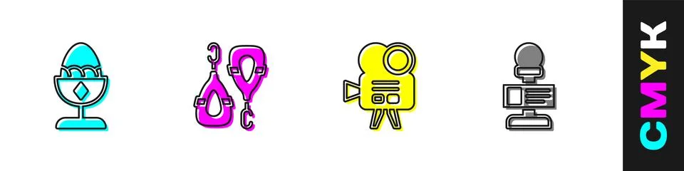 Set Chicken egg on a stand, Earrings, Retro cinema camera and Microphone ic.. Stock Illustration