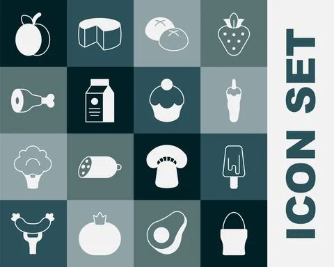 Set Chicken egg on stand, Ice cream, Hot chili pepper, Bread loaf, aper package Stock Illustration