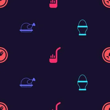 Set Chicken egg on stand, Roasted turkey or chicken, Kitchen ladle and Serv.. Stock Illustration