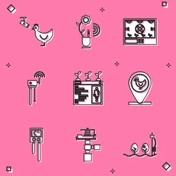 Set Chicken farm and camera, Smart farming technology, Router wi-fi signal Stock Illustration