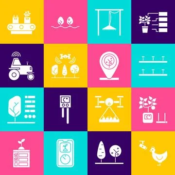 Set Chicken farm and camera, Smart farming technology, Automatic irrigation.. Stock Illustration