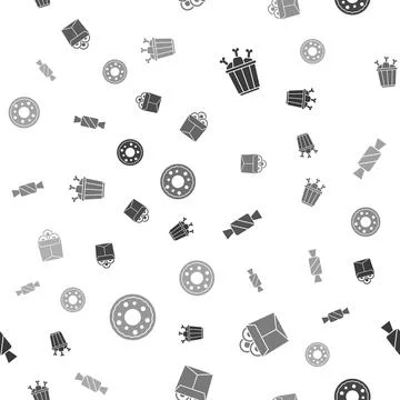 Set Chicken leg in package box, Noodles, Candy and Donut on seamless pattern Illustrazione stock