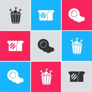 Set Chicken leg in package box, Bread toast and Scrambled eggs icon. Vector Stock Illustration