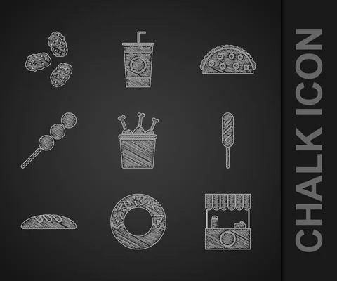 Set Chicken leg in package box, Donut, Street stall with awning, Corn dog, Bread Stock Illustration