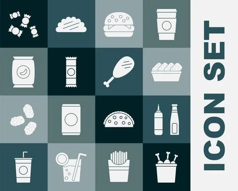 Set Chicken leg in package box, Sauce bottle, nuggets, Burger, Chocolate bar Stock Illustration