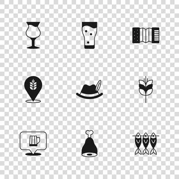 Set Chicken leg, Wheat, Dried fish, Oktoberfest hat, Accordion, Glass of be.. Stock Illustration