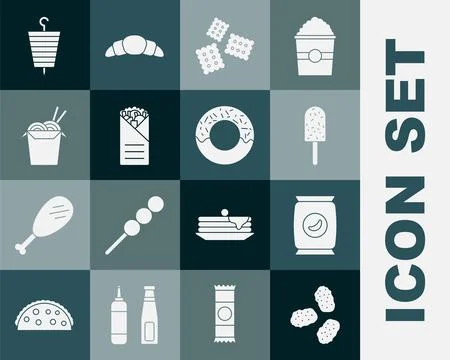Set Chicken nuggets, Bag or packet potato chips, Ice cream, Cracker biscuit,  Illustrazione stock