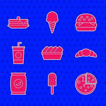 Set Chicken nuggets in box, Ice cream, Pizza, Croissant, Bag or packet potato Stock Illustration
