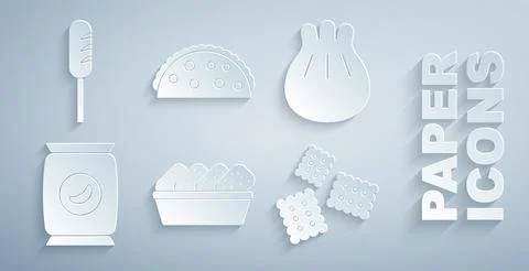 Set Chicken nuggets in box, Khinkali on cutting board, Bag or packet potato Stock Illustration