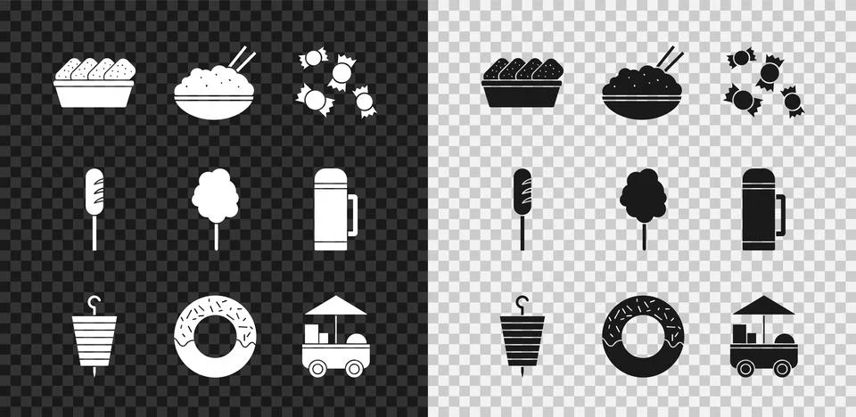 Set Chicken nuggets in box, Rice a bowl with chopstick, Candy, Grilled shish Stock Illustration