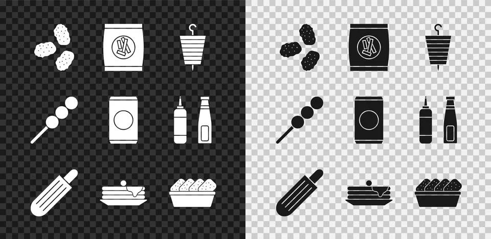Set Chicken nuggets, Hard bread chucks crackers, Grilled shish kebab, French hot Stock Illustration