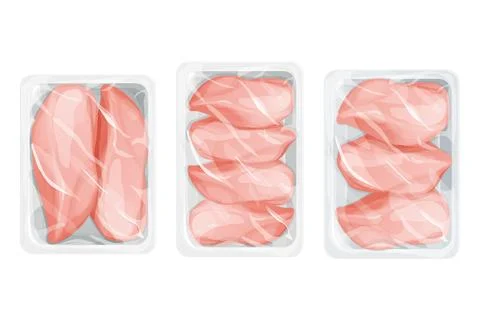 Set Chicken raw filet in plastic tray, package with poultry in cartoon style Illustrazione stock
