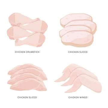 Set of Chicken raw slice and meat steaks Vector. Stock Illustration