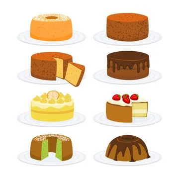 Set of Chiffon cake collection, Light and fluffy vanilla chiffon cake on a .. Stock Illustration