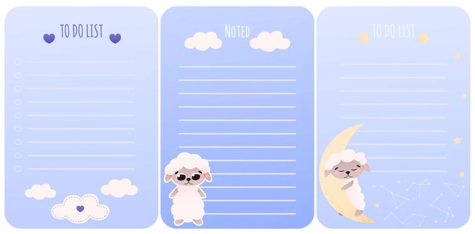 Set of childish notes for plannig and organization with cute sheep character Stock Illustration