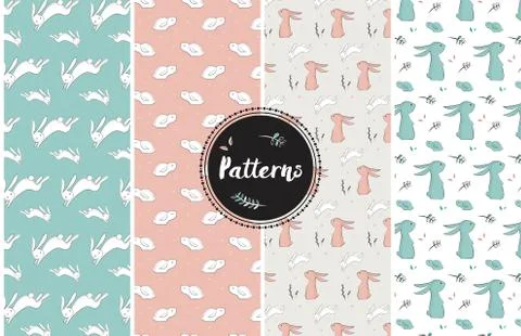 Set of childish patterns with cute rabbits Stock Illustration