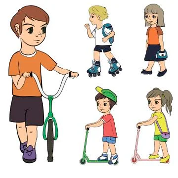 Set of children with bikes. Illustrazione stock