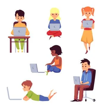Set of children characters using laptop, flat vector illustration isolated. 스톡 일러스트