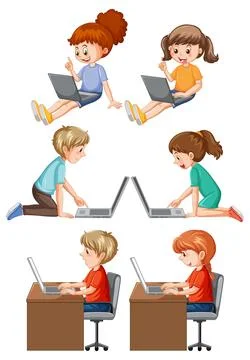 Set of children with computer Illustrazione stock