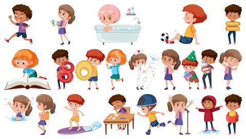 Set of children doing different activities on white background Illustrazione stock