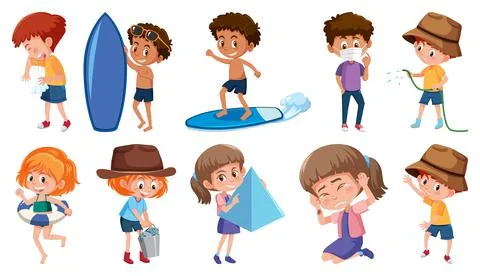 Set of children doing different activities on white background Illustrazione stock