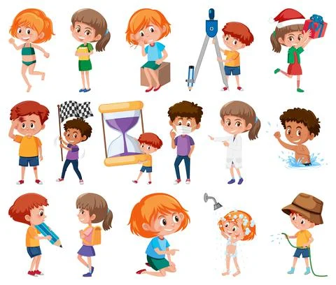Set of children doing different activities on white background Stock Illustration