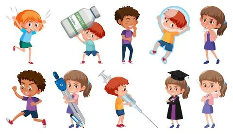 Set of children doing different activities on white background Illustrazione stock