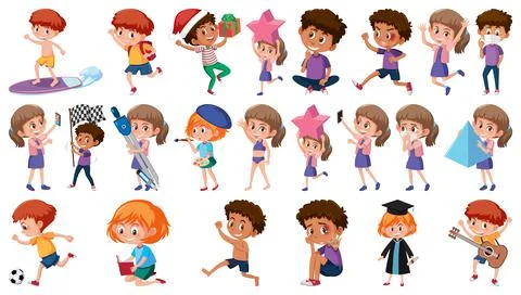 Set of children doing different activities on white background Illustrazione stock