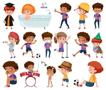 Set of children doing different activities on white background Illustrazione stock
