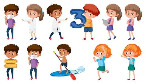 Set of children doing different activities on white background Illustrazione stock