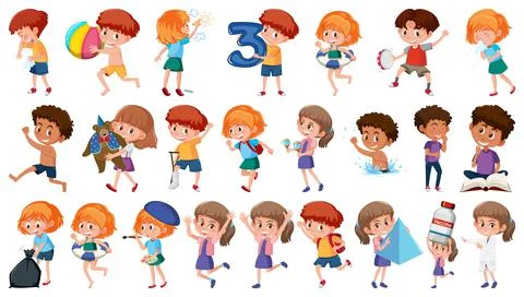 Set of children doing different activities on white background Illustrazione stock