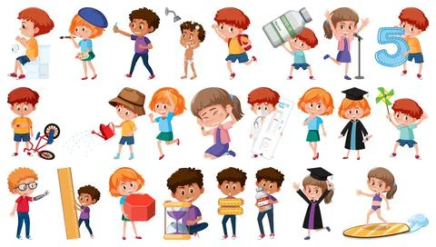 Set of children doing different activities on white background Illustrazione stock