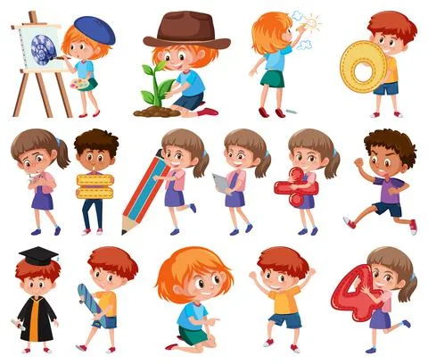 Set of children doing different activities on white background Stock Illustration