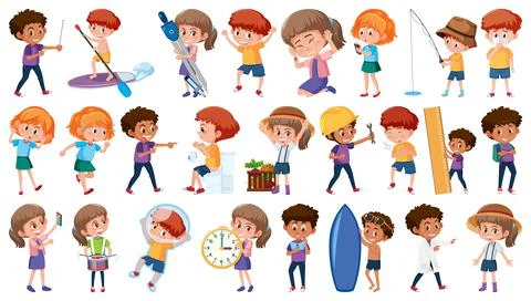 Set of children doing different activities on white background Illustrazione stock