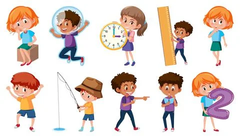 Set of children doing different activities on white background Illustrazione stock