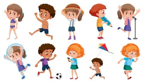 Set of children doing different activities on white background Illustrazione stock