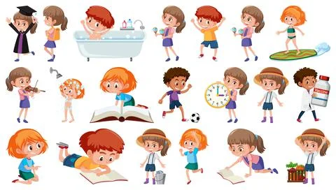 Set of children doing different activities on white background Illustrazione stock