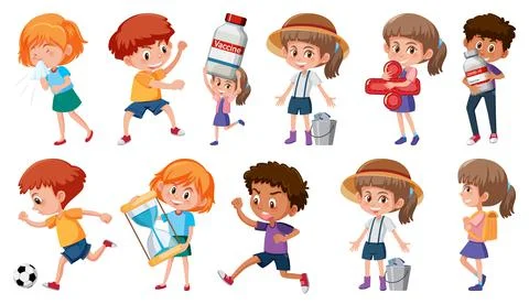 Set of children doing different activities on white background Stock Illustration