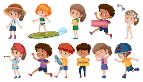 Set of children doing different activities on white background Illustrazione stock