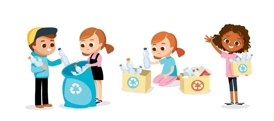 Set of children doing waste sorting. Environmental protection. Stock Illustration
