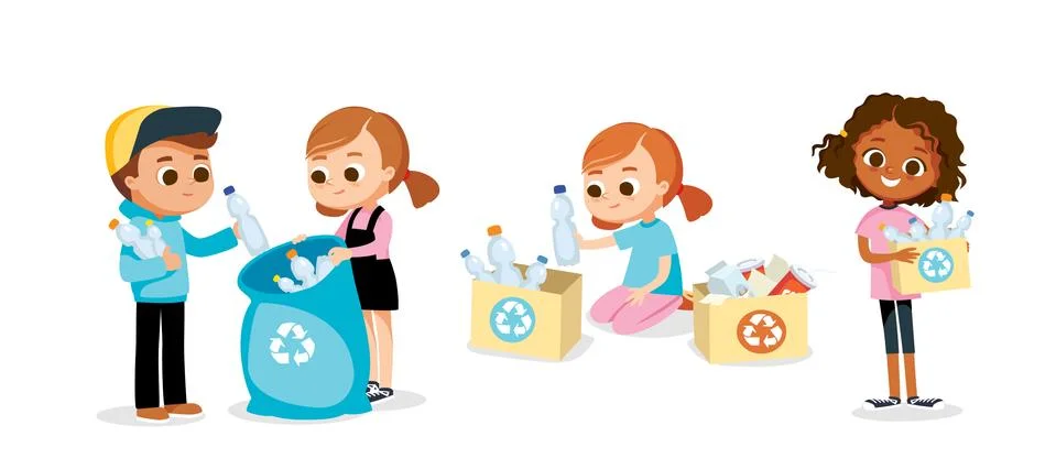Set of children doing waste sorting. Environmental protection. Stock Illustration