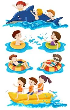 Set of children doing water activites Stock Illustration