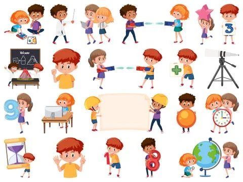 Set of children with education objects isolated Illustrazione stock