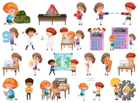 Set of children with education objects isolated 스톡 일러스트