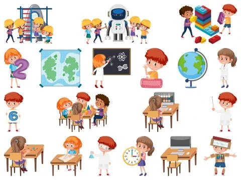 Set of children with education objects isolated Stock Illustration